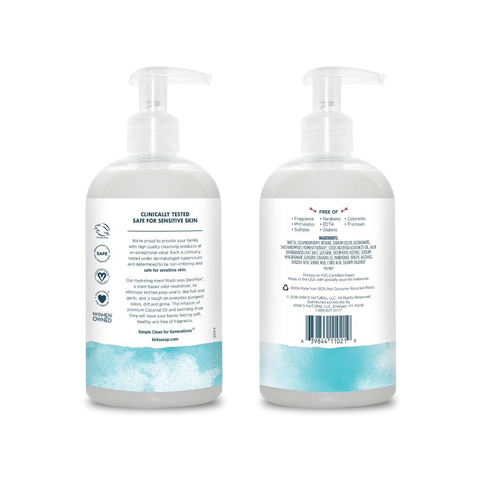 Kirk's Hydrating Hand Wash - Made with Coconut Oil and Aloe Vera, With Odor Neutralizing Technology To Help Eliminate Odors, Non-GMO, Vegan, Fragrance