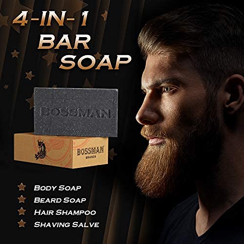 Bossman 6-Pack 4-in-1 Bar Soap for Men – All Natural Organic Beard Wash, Shampoo, Body Wash, Shaving Soap – Lavender & Patchouli Scent