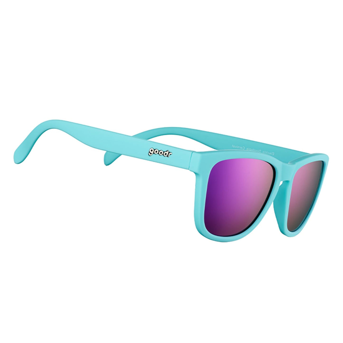 goodr Electric Dinotopia Carnival Polarized Sunglasses, Medium Sized (OG), Light Teal Solid Frames with Purple Mirrored Reflective Lens, UV400