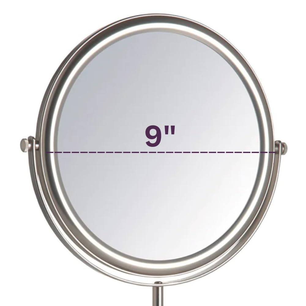JERDON Two-Sided Tabletop Makeup Vanity Mirror - 5X-1X Magnification & Swivel Design - 9-Inch Diameter Mirror with Adjustable Height - Polished Chrome