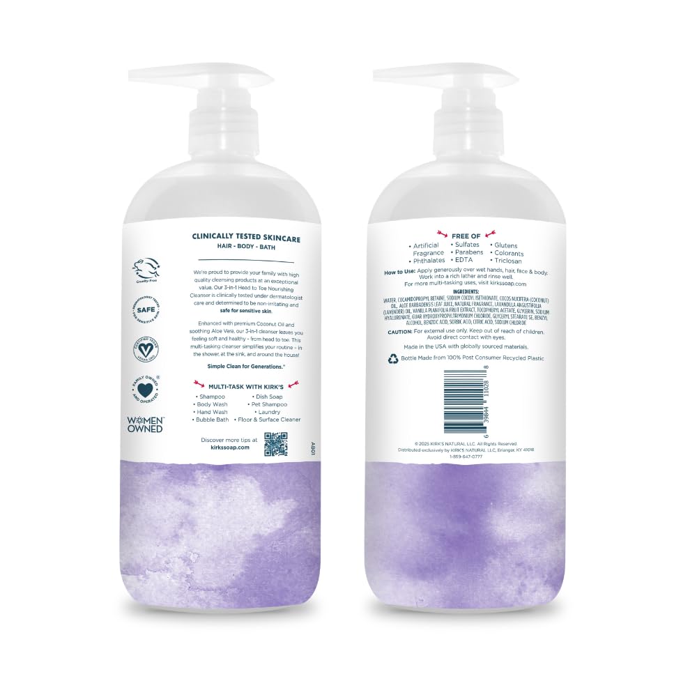 Kirk's 3-in-1 Head to Toe Nourishing Liquid Cleanser- for Men, Women & Children - Premium Coconut Oil & Aloe Vera- Non GMO & Vegan - Lavender