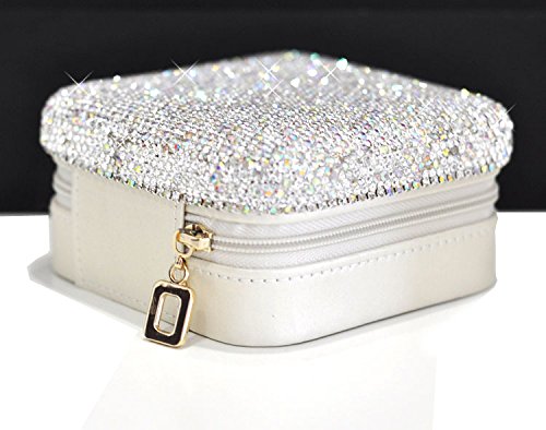 Bestbling Luxury Rhinestone Jewelry Holder Pouch, Travel Portable PU leather Organizer Case w Compartments for Jewelry,Hair Pins (Silver)