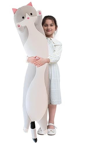 Giant Cat Pillow Plush Cartoon Kitty Sleeping Hugging Pillow, Cuddly Soft Long Kitten Body Pillow Doll Cat Cushion Toy for Kids Girlfriend (Gray,…