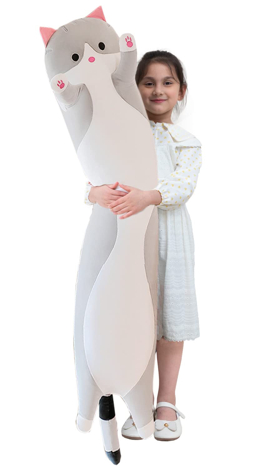 Giant Cat Pillow Plush Cartoon Kitty Sleeping Hugging Pillow, Cuddly Soft Long Kitten Body Pillow Doll Cat Cushion Toy for Kids Girlfriend (Gray,…