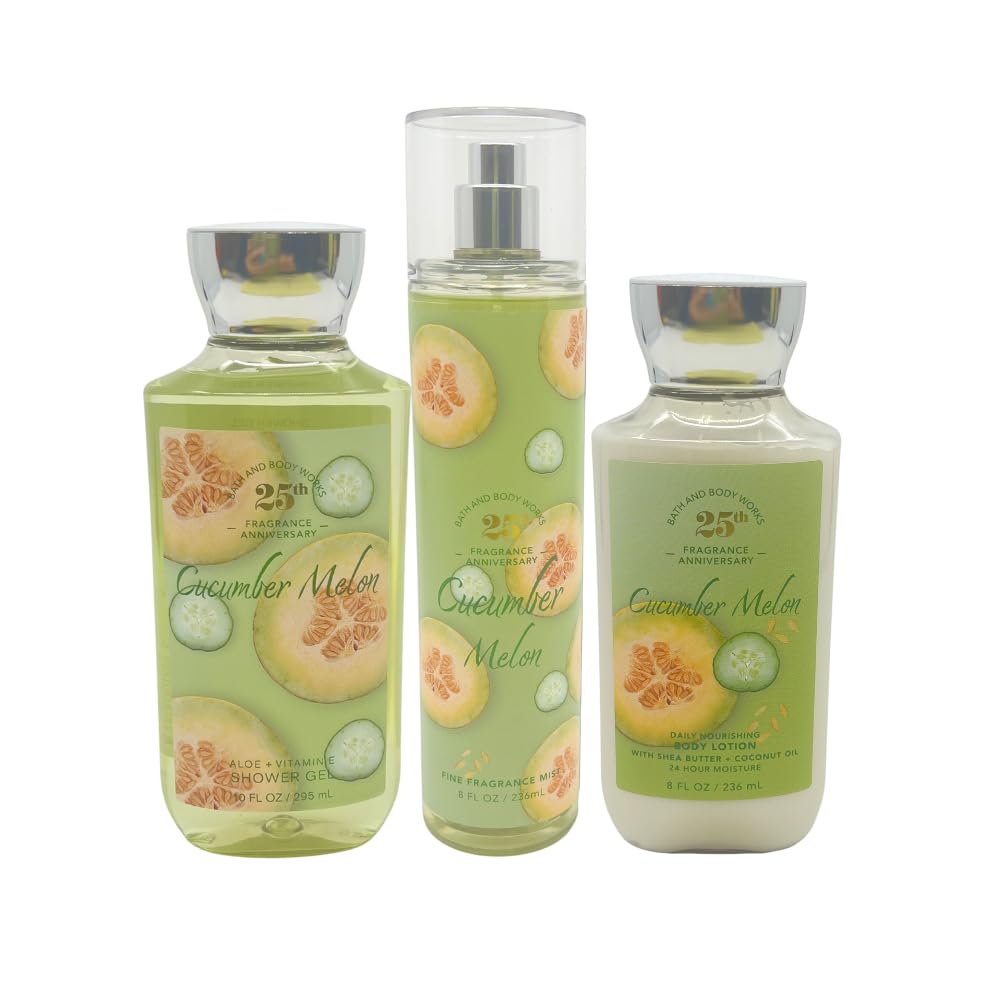 Bath & Body Works CUCUMBER MELON 3-piece Gift Set with a Red Bow for Holiday & Gifts - Mist, Shower Gel, and Body Lotion - Limited Edition