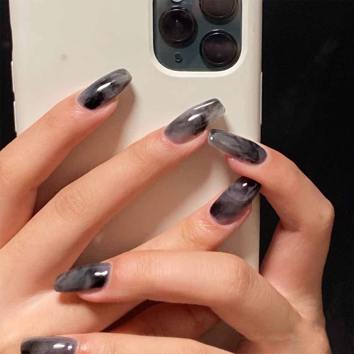 BABALAL Square Press On Ombre Glue On Short Squoval Acrylic Nails - Glossy Black Full Cover Nails for Women & Girls