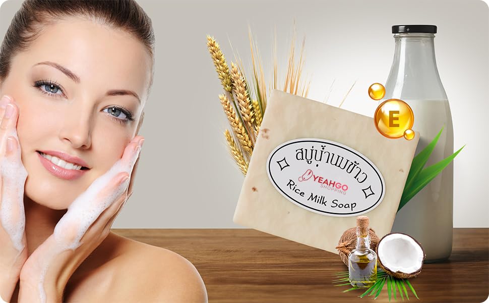 Yeahgoshopping 3 Pcs Original Rice Milk Soap Bar Thailand Jasmine Natural 60-65 Grams Handmade Gluta Collagen Douro Jabon Made in Thailand (3 Soap