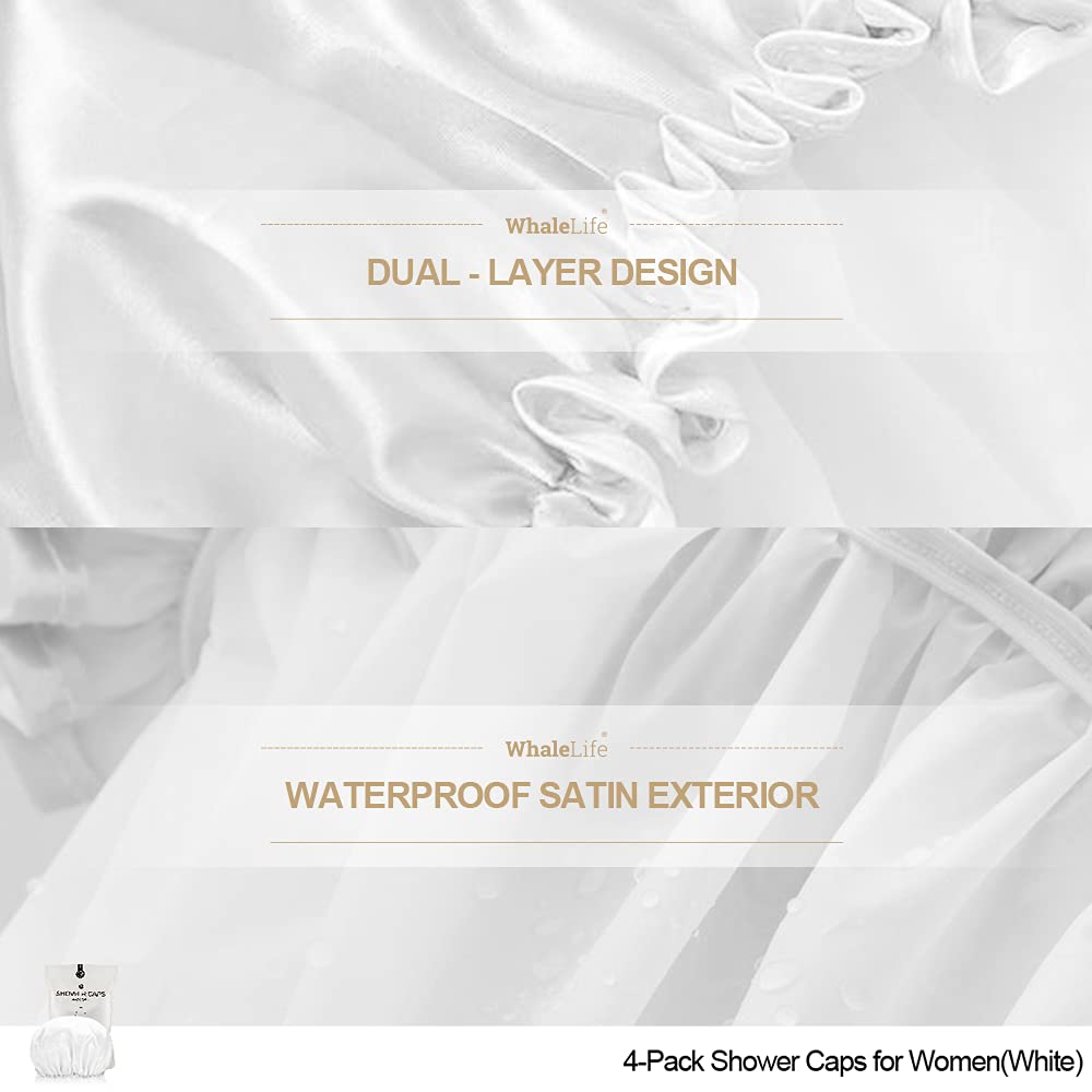 Shower Cap for Women Reusable Extra Large Shower Cap for Men (White 4 Pack Large) Satin Double Layer EVA Waterproof Long Hair Cap