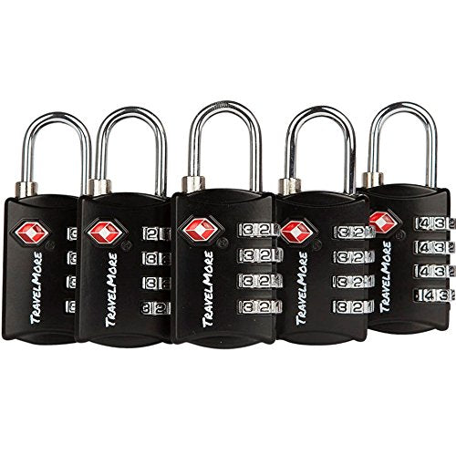5 Pack TSA Approved Luggage Locks – 4 Digit Resettable Combination Padlocks for Travel, Suitcases, Backpacks & Baggage (Black)