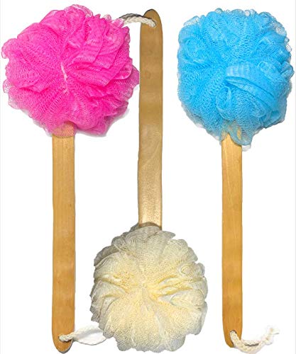 3 Pack Exfoliating Loofah luffa loofa Bath Back Brush On a Stick - Long Wooden Handle with Radian is Ergonomic for Men and Women - Shower Sponge Body