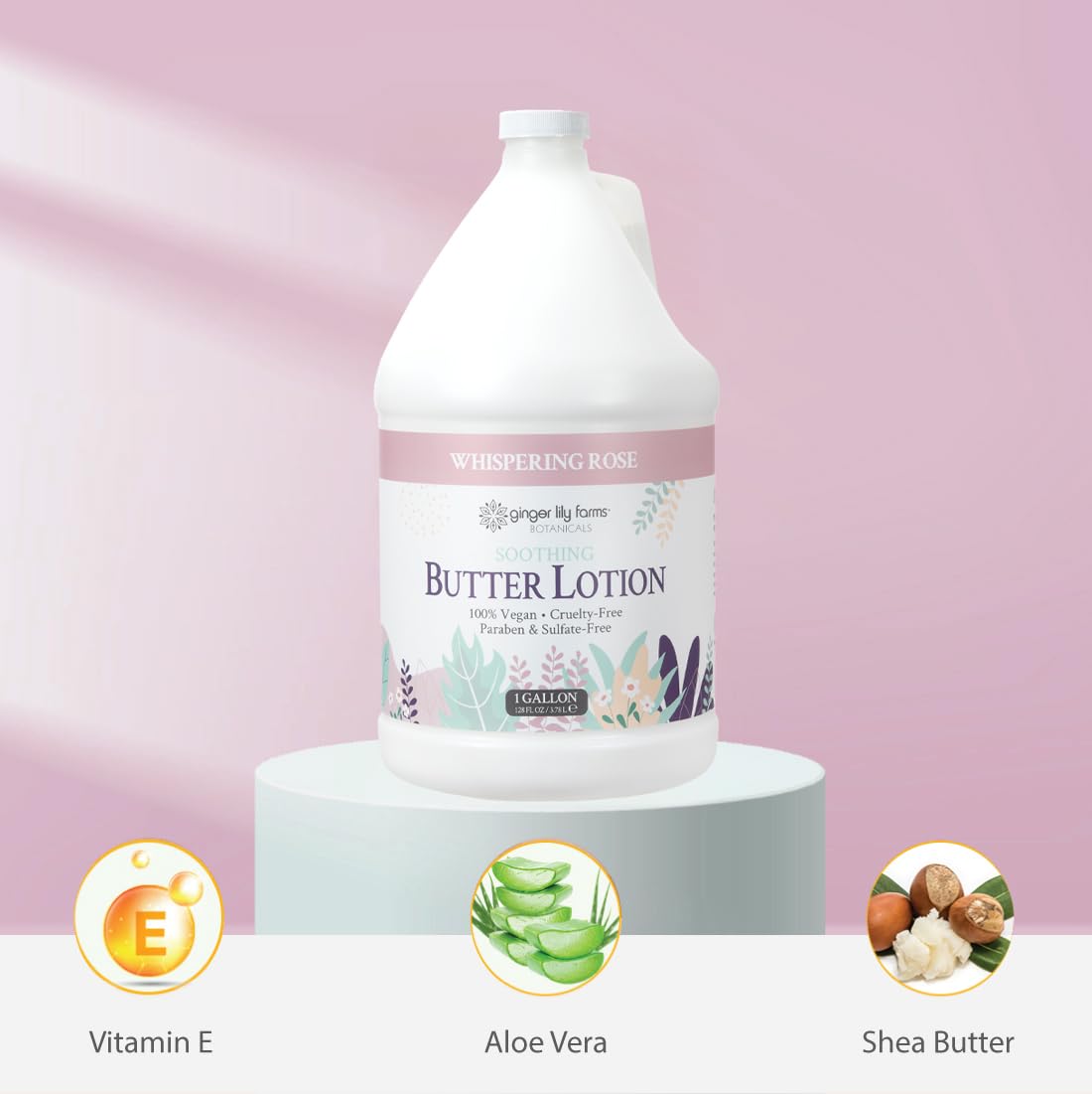 Ginger Lily Farms Botanicals Soothing Butter Lotion for Dry Skin, 100% Vegan & Cruelty-Free, Whispering Rose Scent, 1 Gallon (128 fl oz) Refill