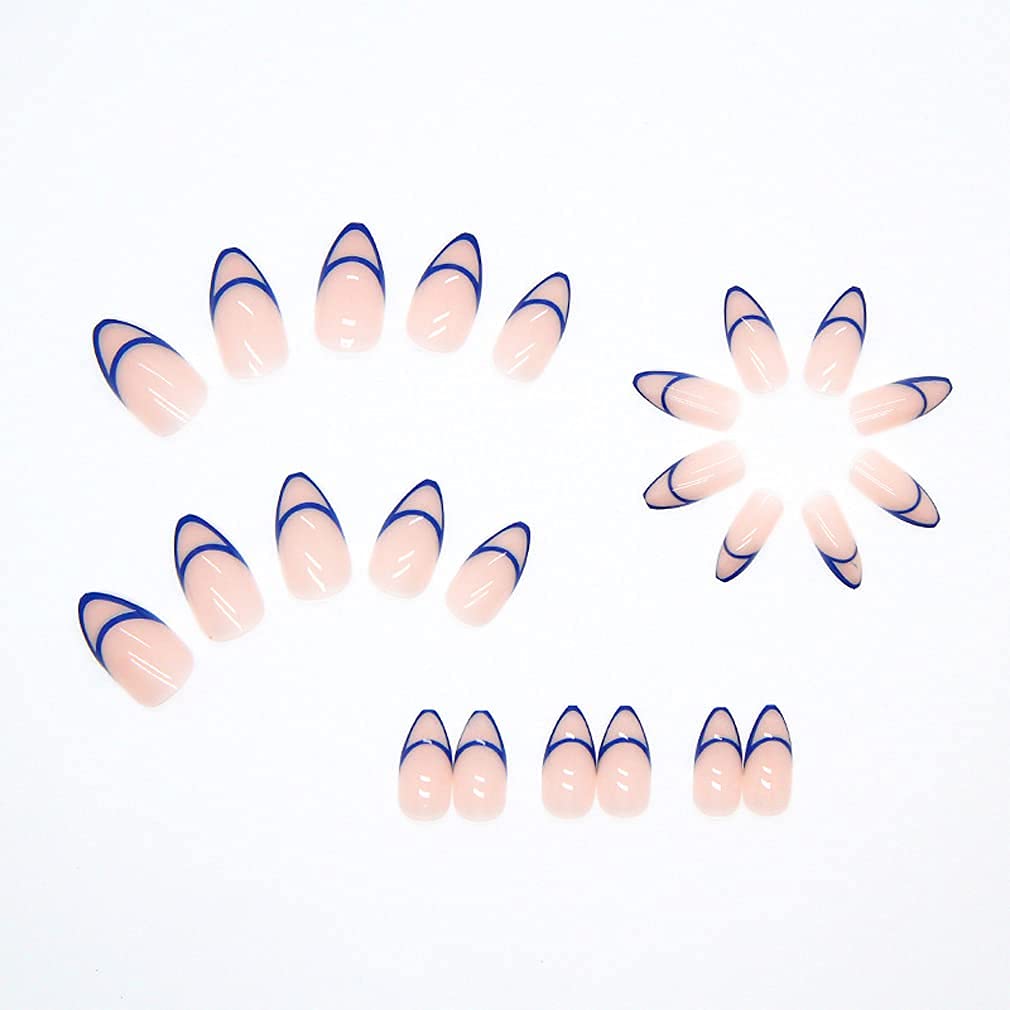 BABALAL Almond Press on Nails Blue French Tip Fake Nails Medium Glue on Nails Glossy Full Cover Design Manicure Acrylic Nails for Women and Girls