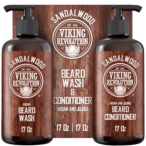 Viking Revolution Beard Wash & Beard Conditioner Set with Argan & Jojoba Oils - Softens and Strengthens - Natural Sandalwood Scent - Beard Shampoo
