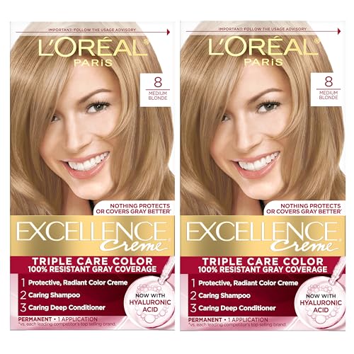 L'Oreal Paris Excellence Crème Permanent Hair Dye, Triple Care Hair Color with Hyaluronic Acid for 100% Gray Coverage, 8 Medium Blonde, 1 Kit (Pack