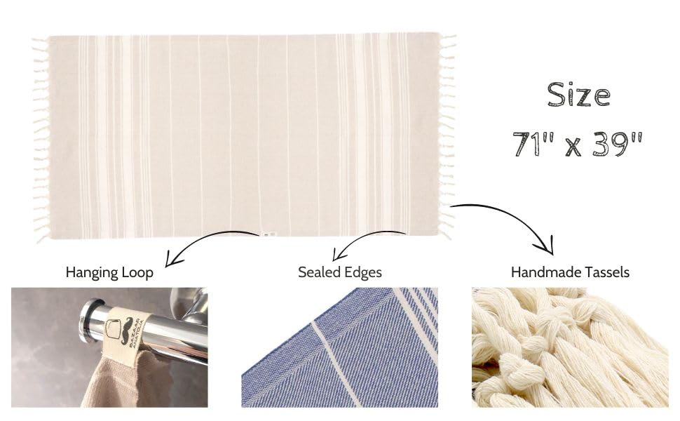 Bazaar Anatolia Turkish Beach Towel - 100% Cotton, Quick Dry, Sand Free Towel for Bathroom, Travel, Camping - Oversized 71x39 Inches - Stripe Light…