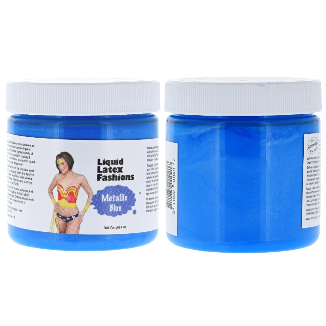 Metallic Blue 4 Oz - Liquid Latex Face and Body Paint, Skin Safe, Non-Toxic, Easy to Apply - Perfect for Costume and Body Painting, Creates Shimmery