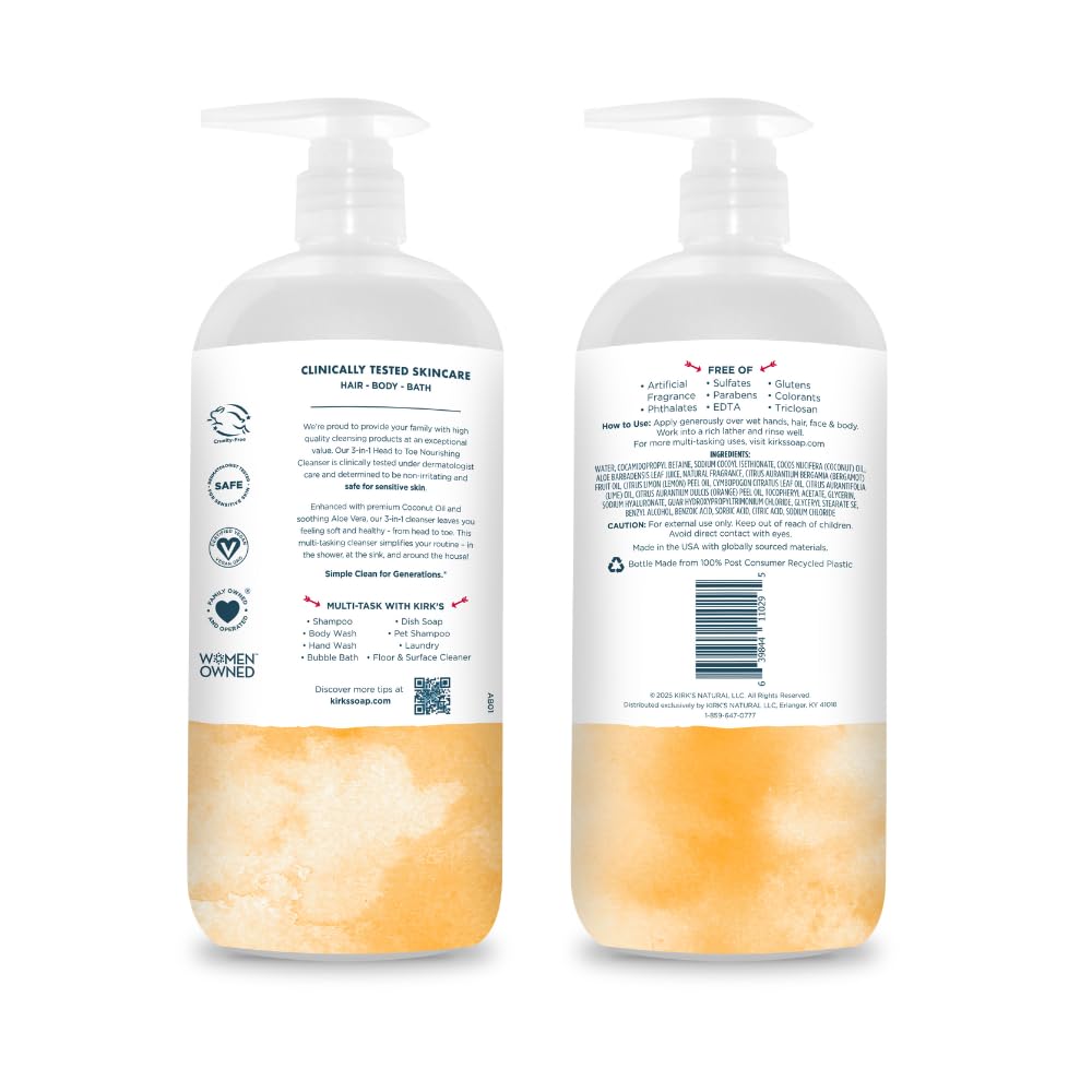Kirk's Citrus Twist 3-in-1 Nourishing Cleanser, Shampoo Body Wash Bubble Bath, Coconut Oil and Aloe Vera, Vegan Non-GMO, 32 Fl Oz Beauty & Personal Care Kirk's