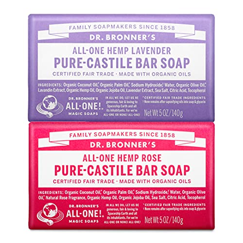 Dr. Bronner's - Pure-Castile Bar Soap (2-Pack Bundle, Rose & Lavender) - Made with Organic Oils, For Face, Body and Hair, Gentle and Moisturizing