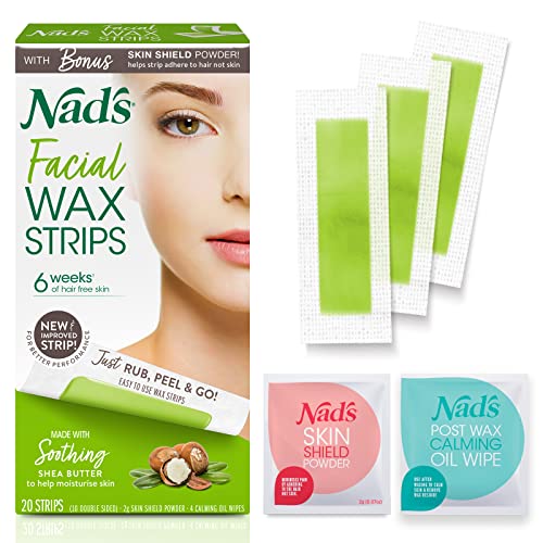 Nad's Facial Wax Strips - Hypoallergenic All Skin Types - Facial Hair Removal For Women - At Home Waxing Kit with 20 Face Wax Strips + 4 Calming Oil
