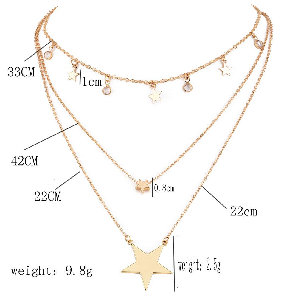 DoubleNine Large Star Crystal Pendant Gold Tassels Dangle Layered Necklace for Women Girls