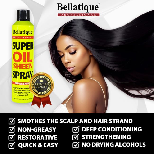 BELLATIQUE Super Oil Sheen Spray (14.88 oz) - Super Shine. Lightweight, Hydrating, Anti-Frizz, Non-Greasy, Revitalizing, Soothes, Long Lasting, Deep