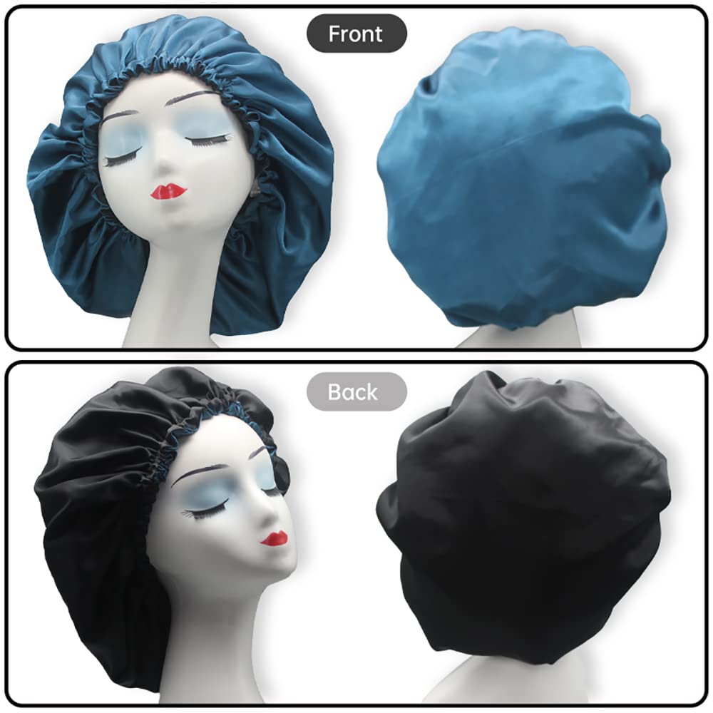 Hanbertti 2pcs of Satin Sleep Bonnet with Adjustable Buckle, Double Layer Silk Bonnets, Reusable Bath Hair Cap for Night Sleeping and Make up (Deep