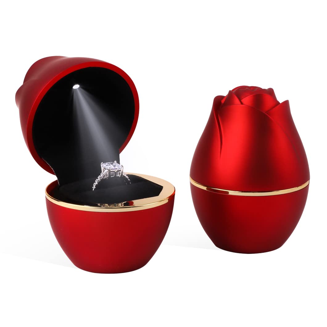 Rolin Roly Red Ring Box with LED Light Rose Jewelry Ring Case Jewellry Display Gift Boxes for Mother's Day Wedding Ring Box Ceremony Engagement…