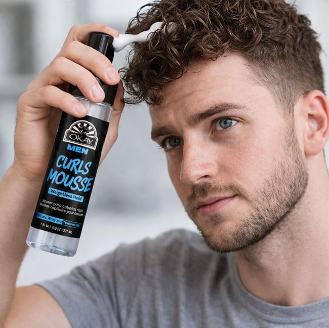 OKAY Men's Curls Mousse 7.5 oz - Lightweight Curl Defining Hair Styling Foam for Men, Enhances Natural Curls, Controls Frizz, Adds Volume & Flexible