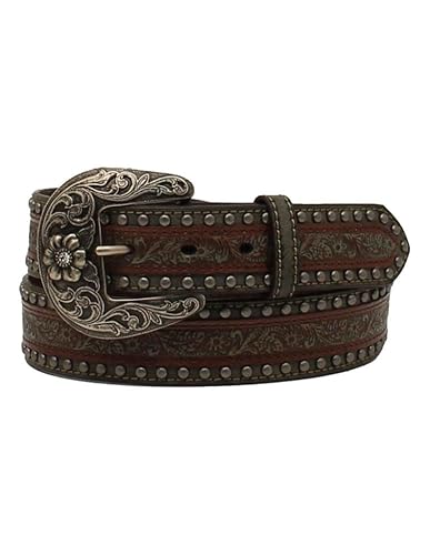 Nocona Ladies Belt 1 1/2 Embossed Overlay Studs Brown