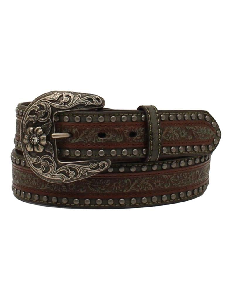 Nocona Ladies Belt 1 1/2 Embossed Overlay Studs Brown