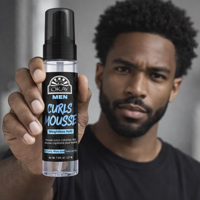 OKAY Men's Curls Mousse 7.5 oz - Lightweight Curl Defining Hair Styling Foam for Men, Enhances Natural Curls, Controls Frizz, Adds Volume & Flexible