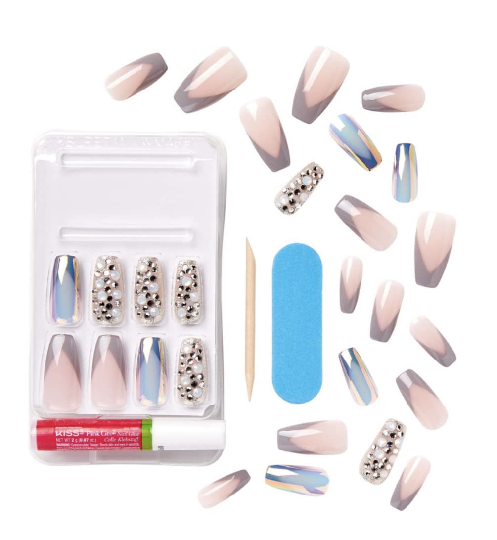 KISS Masterpiece One-Of-A-Kind Luxe Mani Premium Special Effects Design Coffin Shape Glossy Iridescent Glue-On Long Length Nails with Faux Jewels MP01