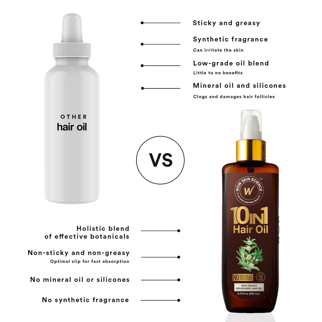 WOW Skin Science 10 in 1 Nourishing Hair Oil - Treats Dry, Damaged Hair and Promotes Growth - With Argan and Rosemary Oil for Women and Men (6.76 Fl
