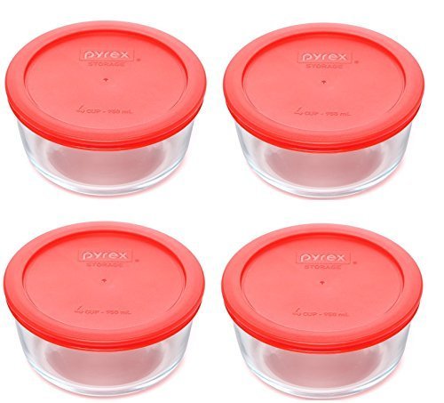 Pyrex (4 7201 4-Cup Clear Glass Bowls and (4) 7201-PC Red Plastic Lids - Made in USA