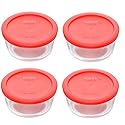 Pyrex (4 7201 4-Cup Clear Glass Bowls and (4) 7201-PC Red Plastic Lids - Made in USA