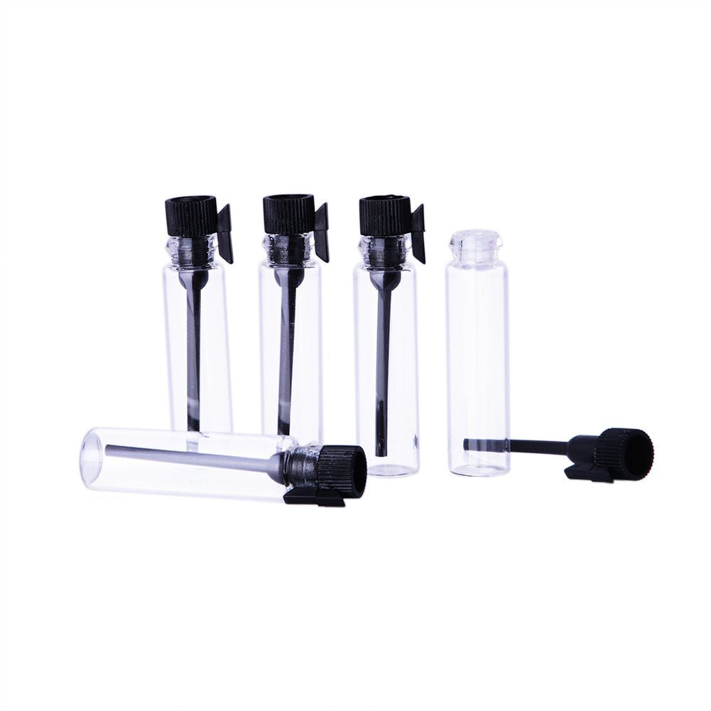 Enslz 100PCS Perfume Samples Mini Bottles With Black Lid Empty Glass Vials Dropper Bottle for Travel and Party (2ml)