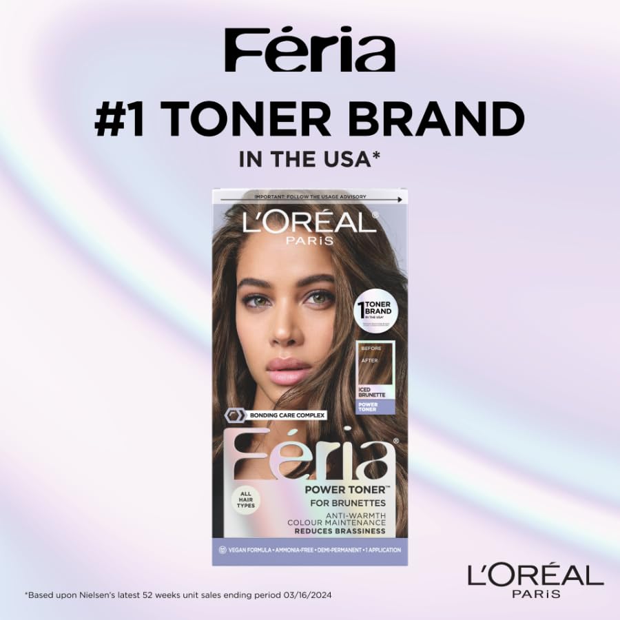 L’Oreal Paris Feria Toner, Long Lasting Anti-Brass Hair Toner for Brunettes, Vegan and Ammonia-Free Hair Care Formula, Iced Brunette, 1 Kit