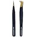 2pcs Black Straight and L-Shaped (Boot) Gold Pointed Eyelash Tweezers for Lash Extension - Stainless Steel Precision Tweezers for Volume and Classic