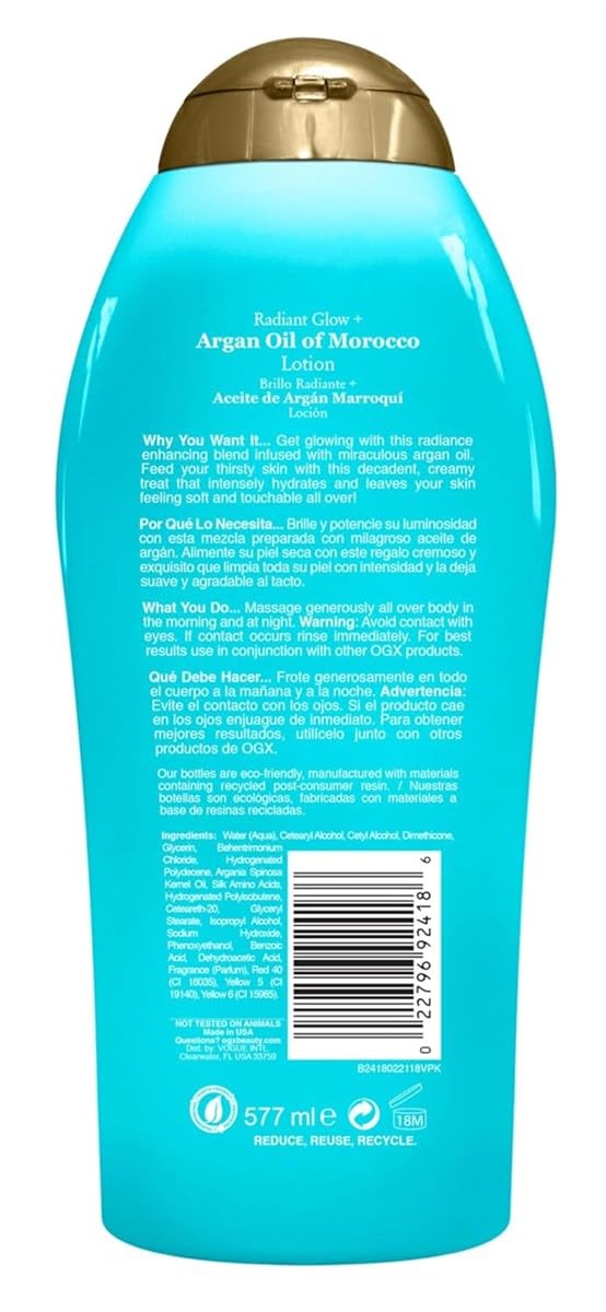 Ogx Body Lotion Argan Oil Of Morocco Extra Hydrating 19.5 Ounce (577ml) (Pack of 3)