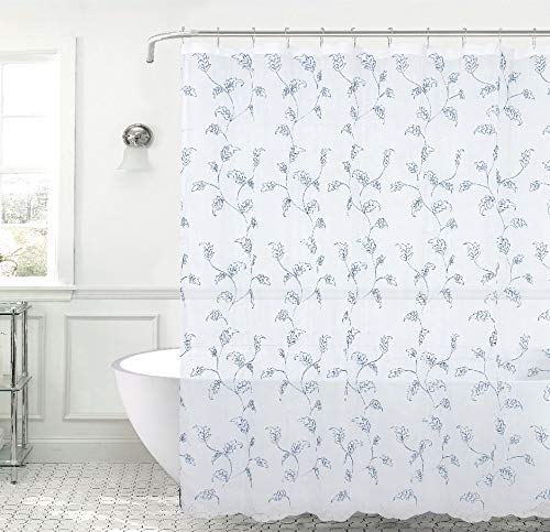 SERAFINA Decorative Sheer Fabric Shower Curtain: Two Toned Teal and White Embroidered Leaves with Metallic Threading (White/Teal) 70 x 72