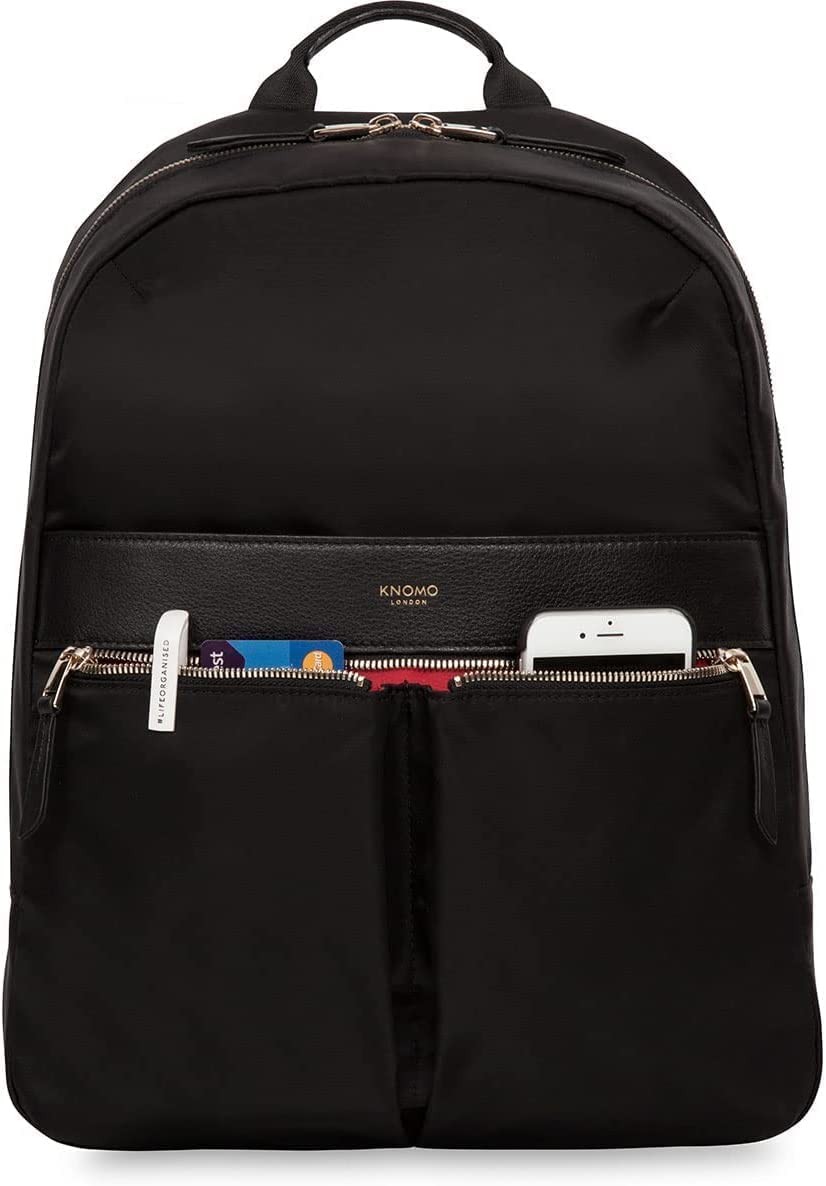 KNOMO Beauchamp Women's 14" Laptop Bag Computer Backpack Bookbag for Work, College, Travel Daypack Purse, Black, Golden Zip