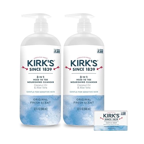 Kirk's Original Fresh 3-in-1 Nourishing Cleanser and Travel Bar Soap, Shampoo Body Wash Bubble Bath, Coconut Oil and Aloe Vera, Vegan Non-GMO, 32 Fl
