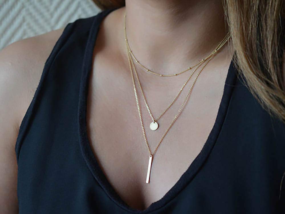 DoubleNine Multilayer Necklace Gold Bar Pendant Simple Sequins Geometric Necklace Layered for Women