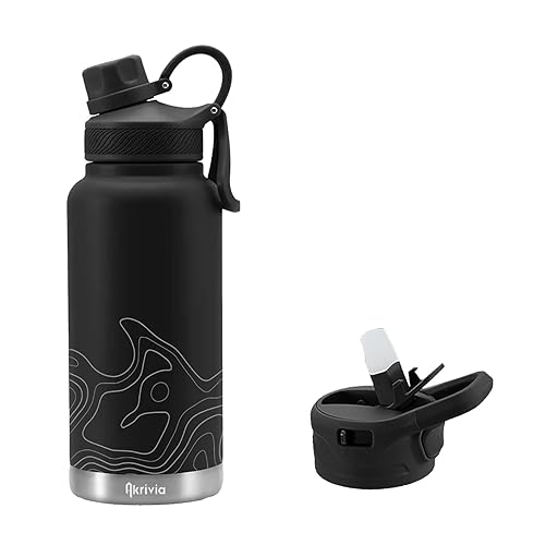 Akrivia Stainless Steel Water Bottle - Ultra Tough 32oz / 1 Liter Vacuum Insulated Double Wall Flask, Metal Canteen, (Stealth Black/Gray)