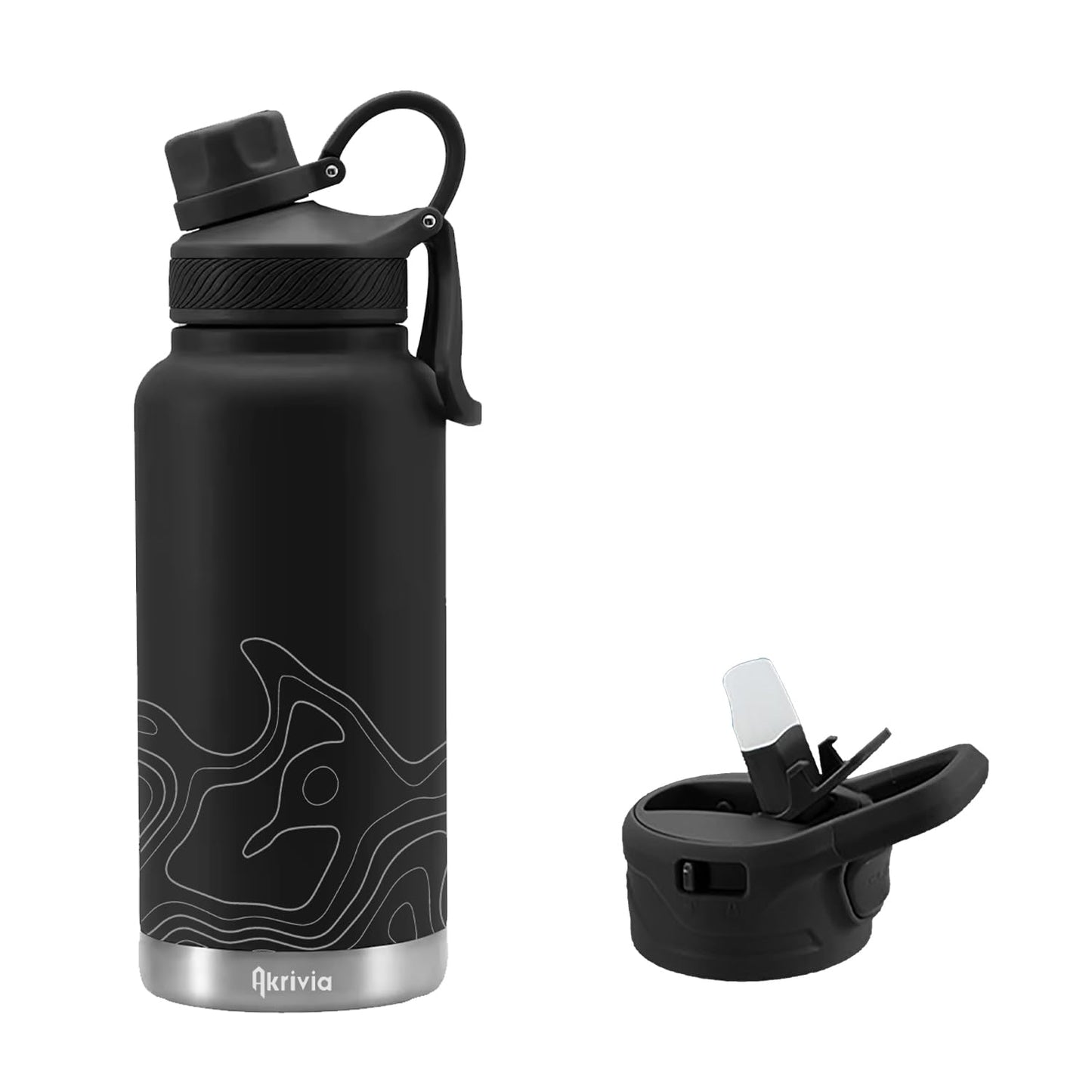 Akrivia Stainless Steel Water Bottle - Ultra Tough 32oz / 1 Liter Vacuum Insulated Double Wall Flask, Metal Canteen, (Stealth Black/Gray)