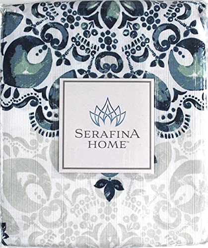 VCNY Home Navy Blue Shower Curtain: Tranquility Teal White Fabric Bohemian Floral Medallion Damask Design