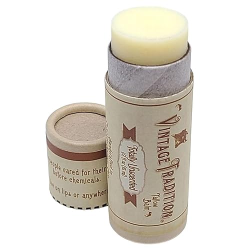Vintage Tradition Moisturizing Beef Tallow Lip Balm - Unscented Tube Lip Moisturizer for Sensitive Skin Hydrates & Soothes Dry Lips - Grass-Fed Tallow