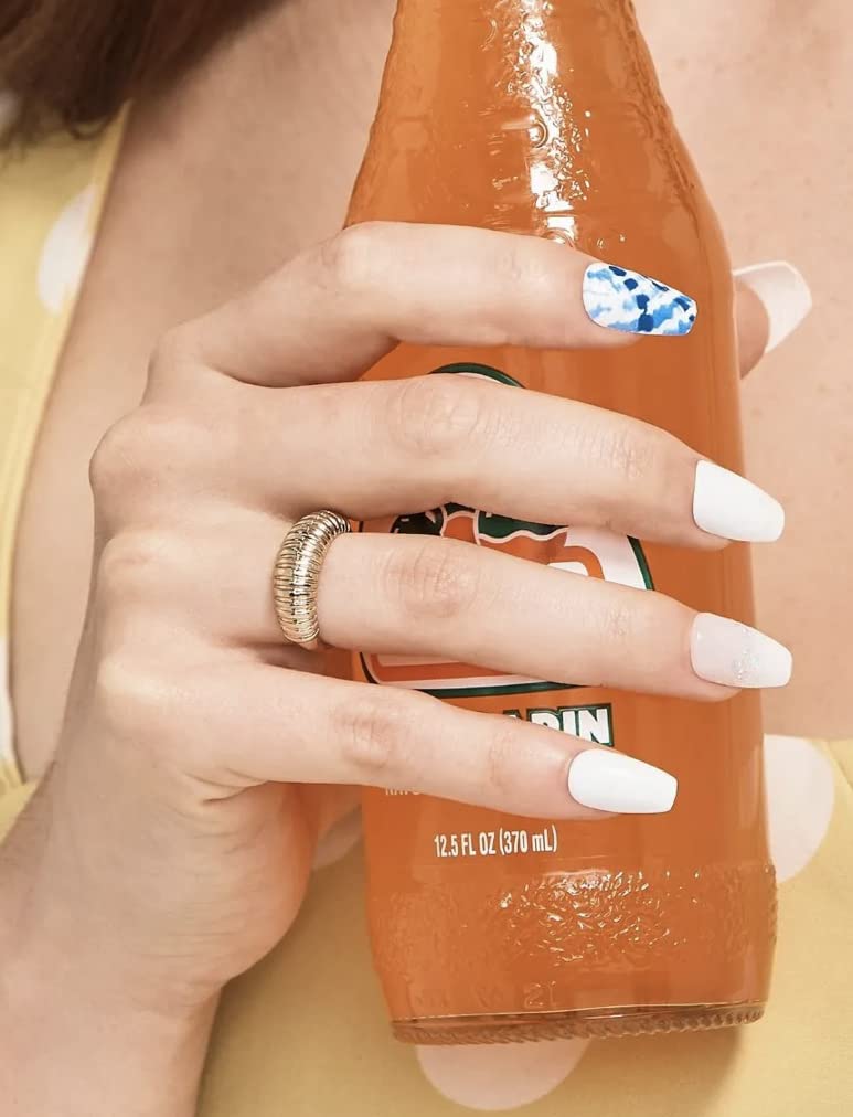 KISS Impress No Glue Mani 30 Pcs Press on Nails, White Nails with Glitter, Blue Tie-Dye Design, Medium Size, Coffin Shape Simple Peel & Press Easy Beauty & Personal Care KISS