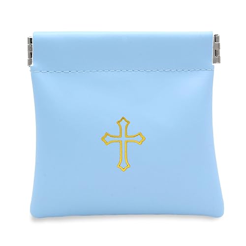 Squeeze Top Rosary Pouch Light Blue Faux Leather with Cross Imprint