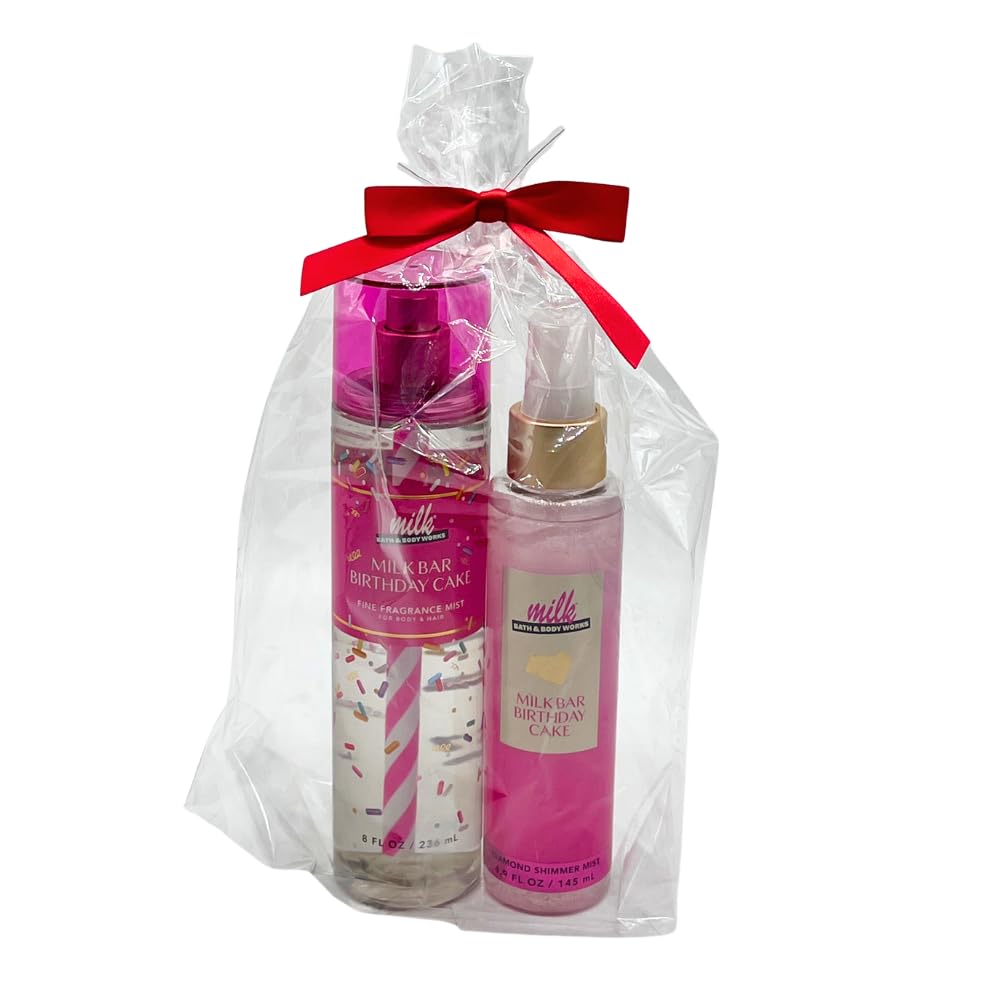 Bath & Body Works MILK BAR BIRTHDAY CAKE Fine Fragrance Mist & Diamond Shimmer Mist 2pc bundle with a Red Bow for Holidays & Gifts